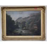 Indistinctly signed oil on canvas of a mountain and river landscape with fisherman and figures,