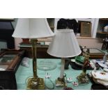 Two brass column table lamps plus one other