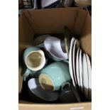 A box of Denby china etc including Royal Doulton owl and pussycat plates