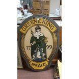 A large Greene King pub sign, enamel in plastic surround,