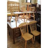 Two modern beech kitchen chairs and two carvers