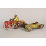 A tin plate clockwork motorcycle Made in Gt Britain plus a racing car marked S G Made in Germany