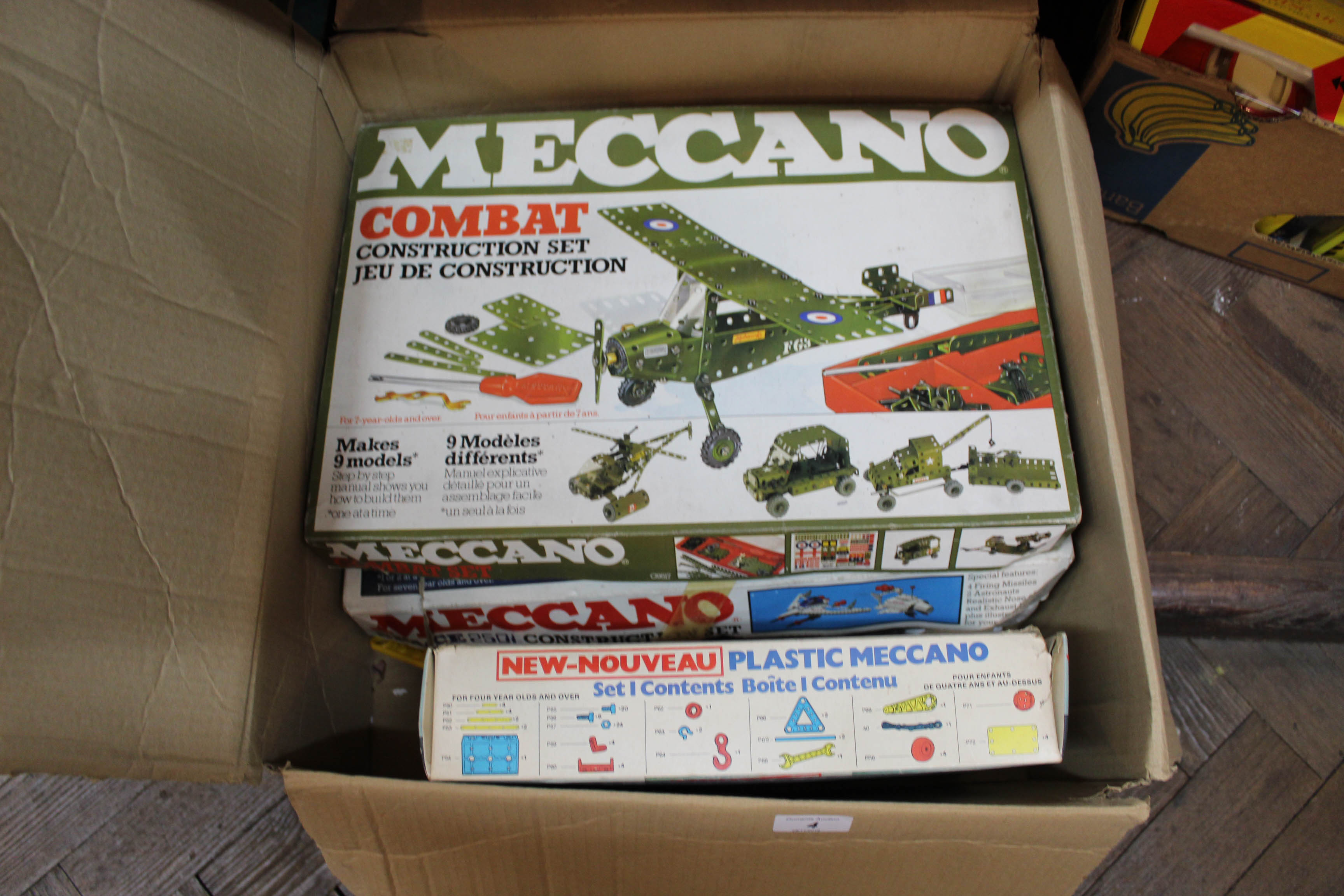 Three Meccano part sets, Combat, Space 2501 and French Plastic No.