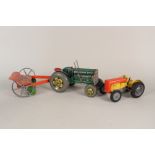 A Mettoy tin plate tractor and mower plus Mettoy die cast tractor