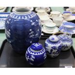 A large Chinese Prunus pattern ginger jar plus two others and a Japanese teapot