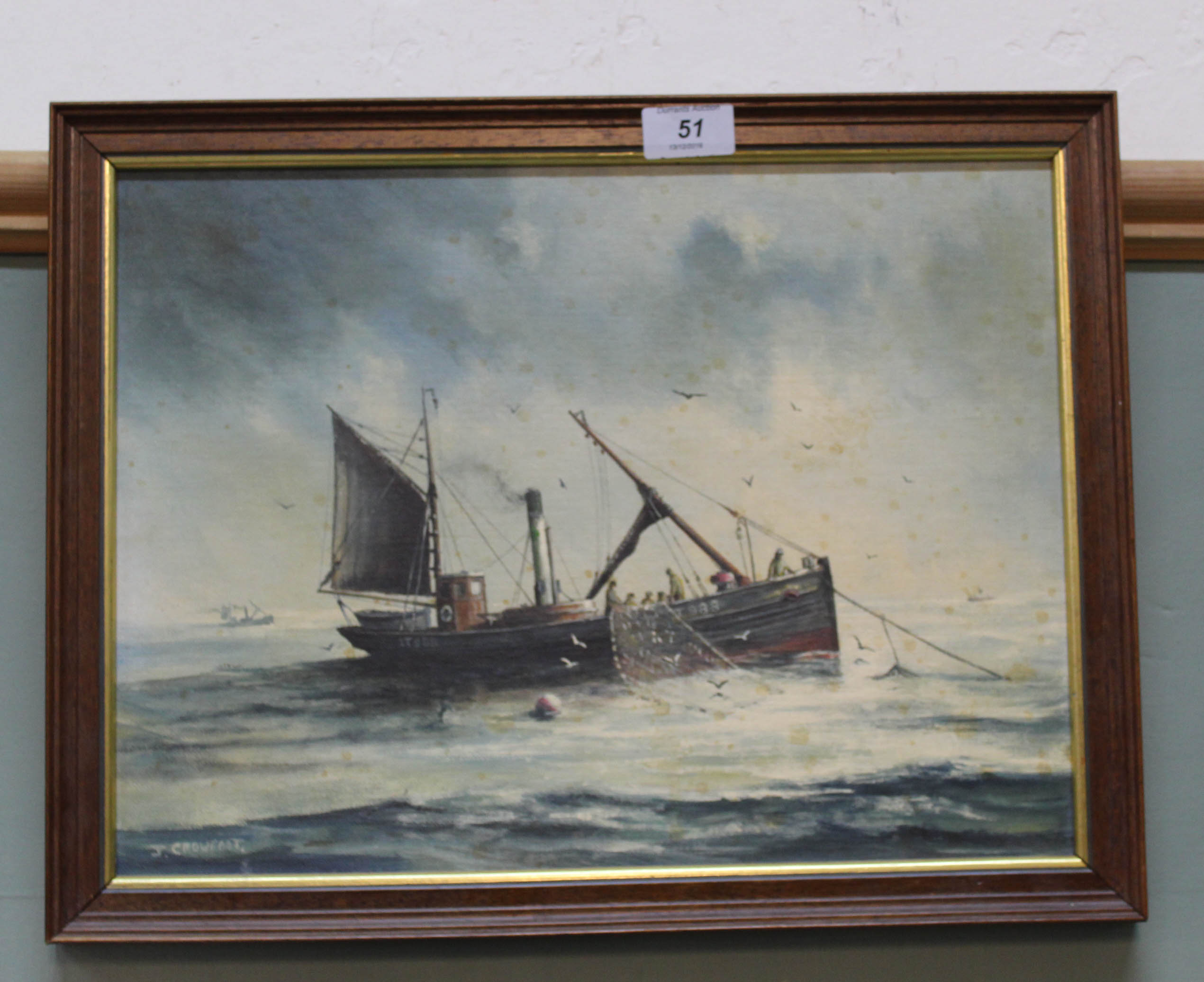 Joe Crowfoot oil on board of vessel LT998 at sea,