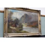 F Jamieson oil on canvas of a river and mountain scene with cottage and figure,