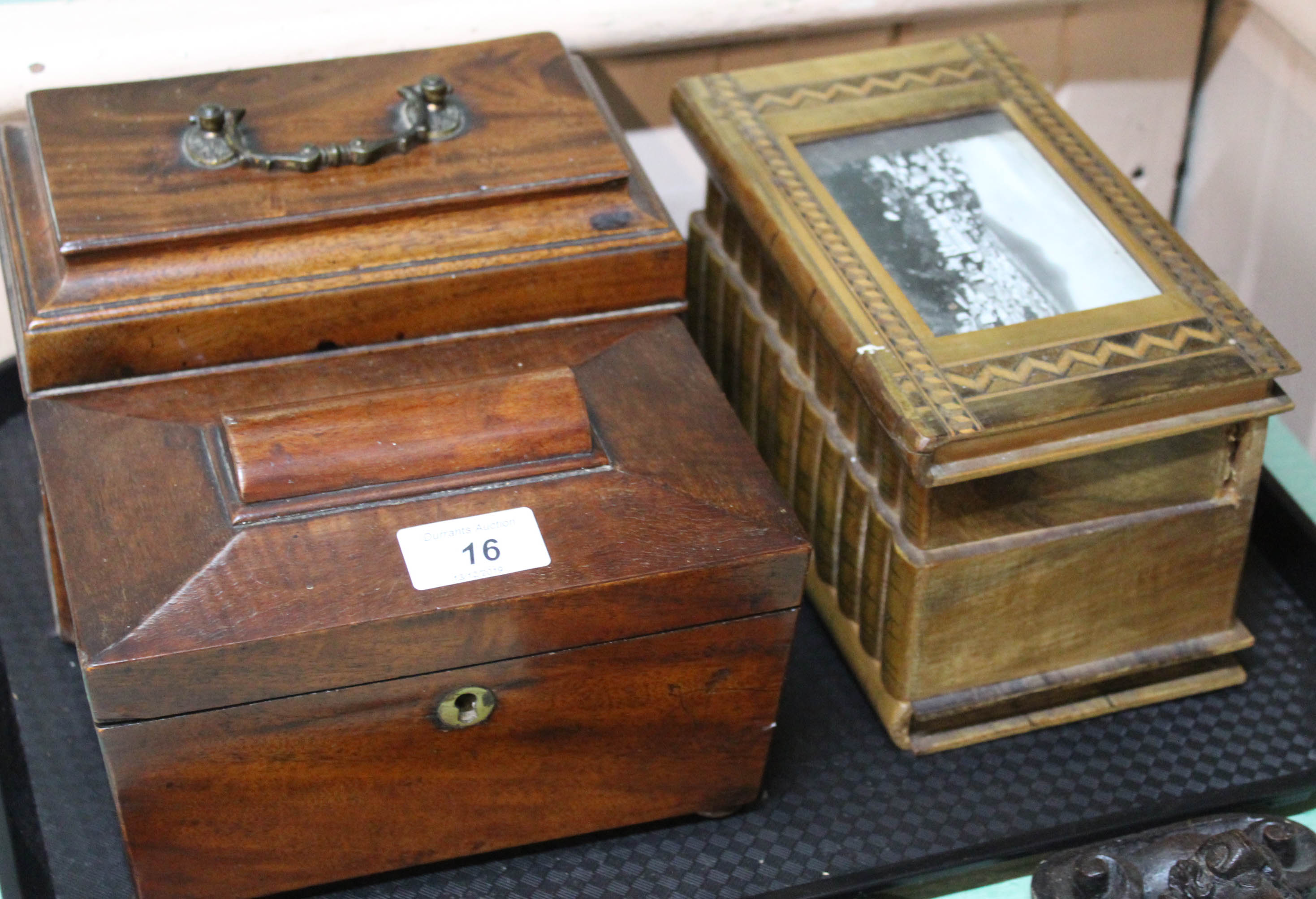 Two 19th Century mahogany tea caddies plus a Sorrento style inlaid puzzle box