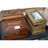 Two 19th Century mahogany tea caddies plus a Sorrento style inlaid puzzle box