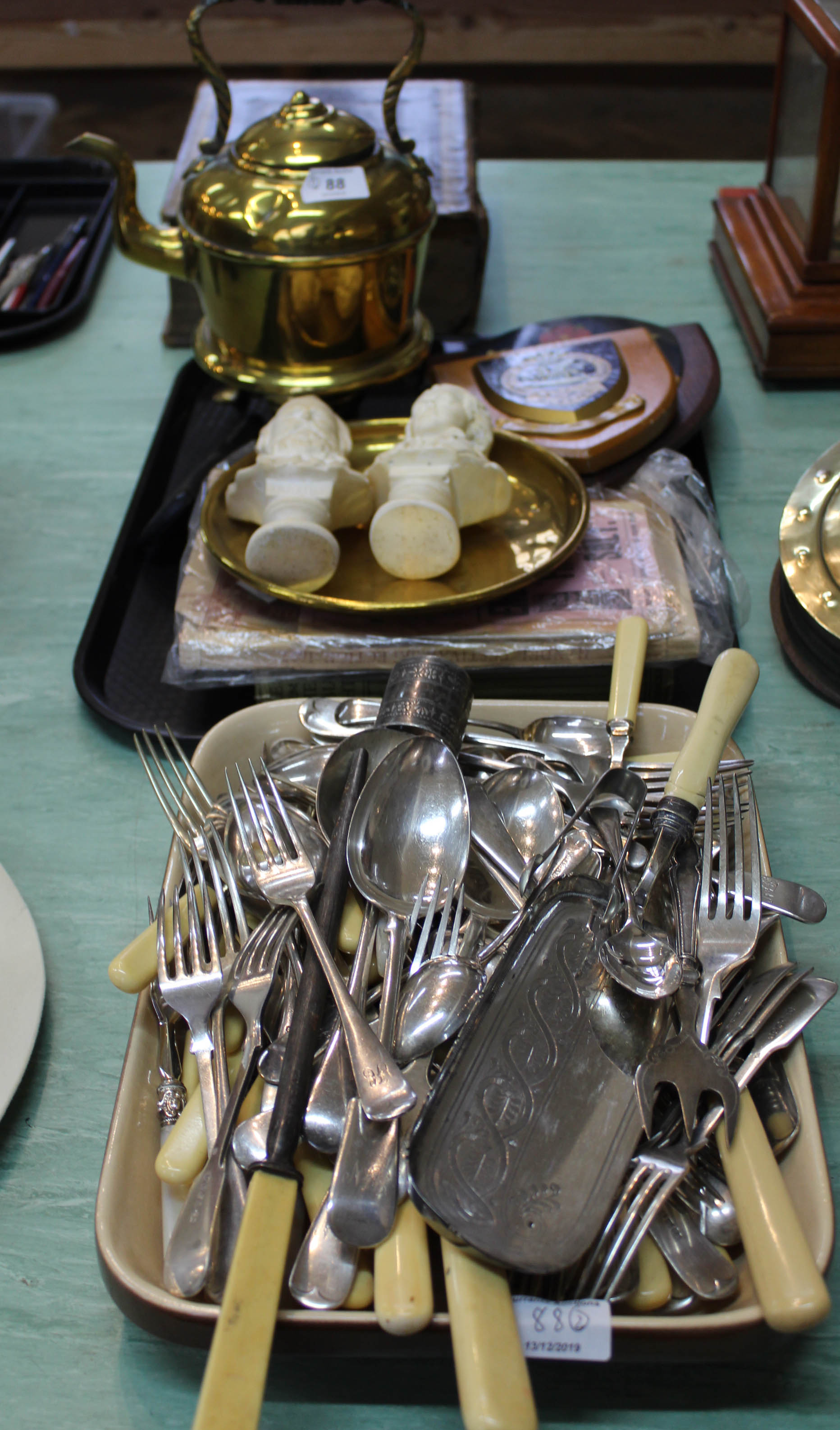 A Victorian brass spirit kettle plus sundries including silver plated cutlery