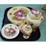 Aynsley fruit decorated biscuit barrel, two vases, four large and two side plates,