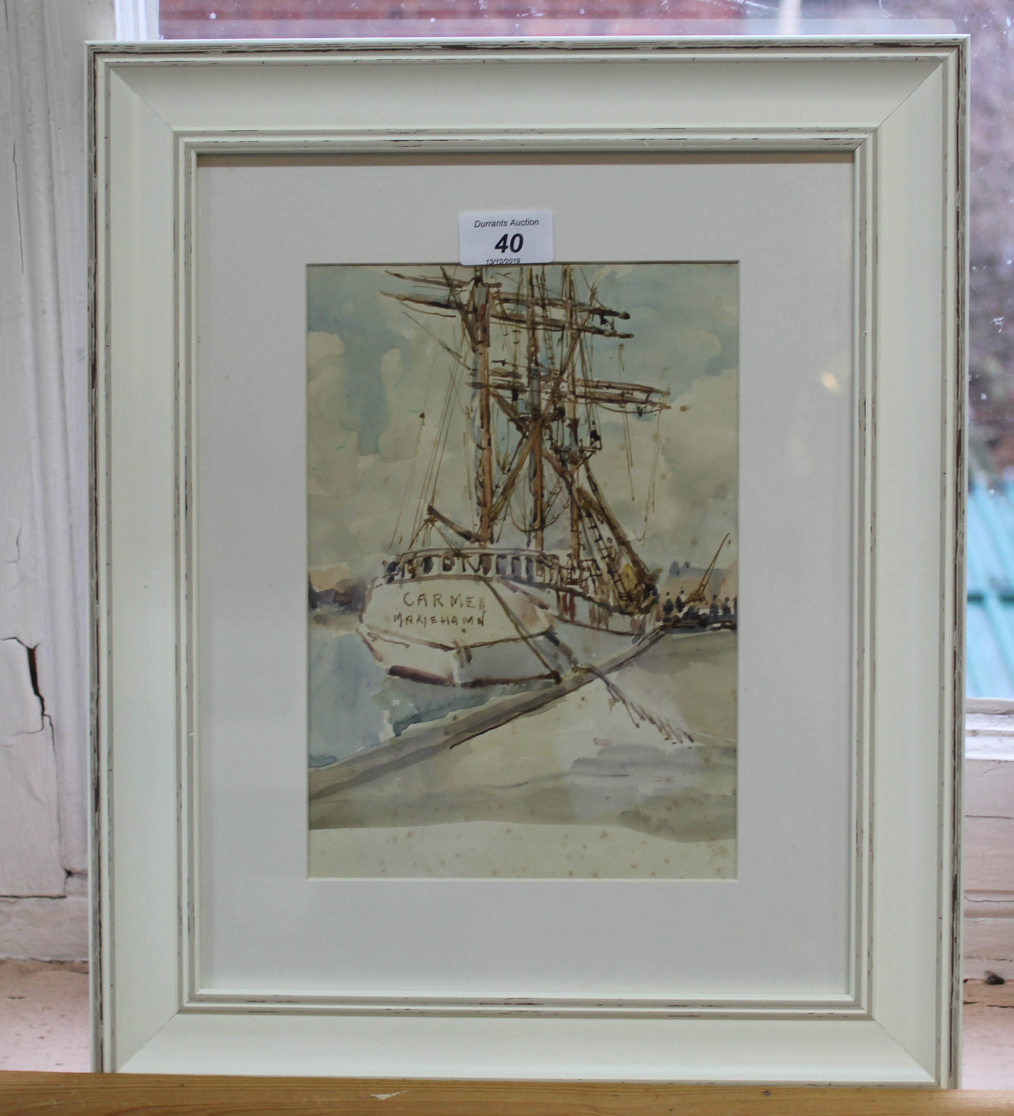 Rowland Fisher watercolour of a sailing ship Carmen Mariehamn moored at Gorleston,