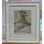 Rowland Fisher watercolour of a sailing ship Carmen Mariehamn moored at Gorleston,