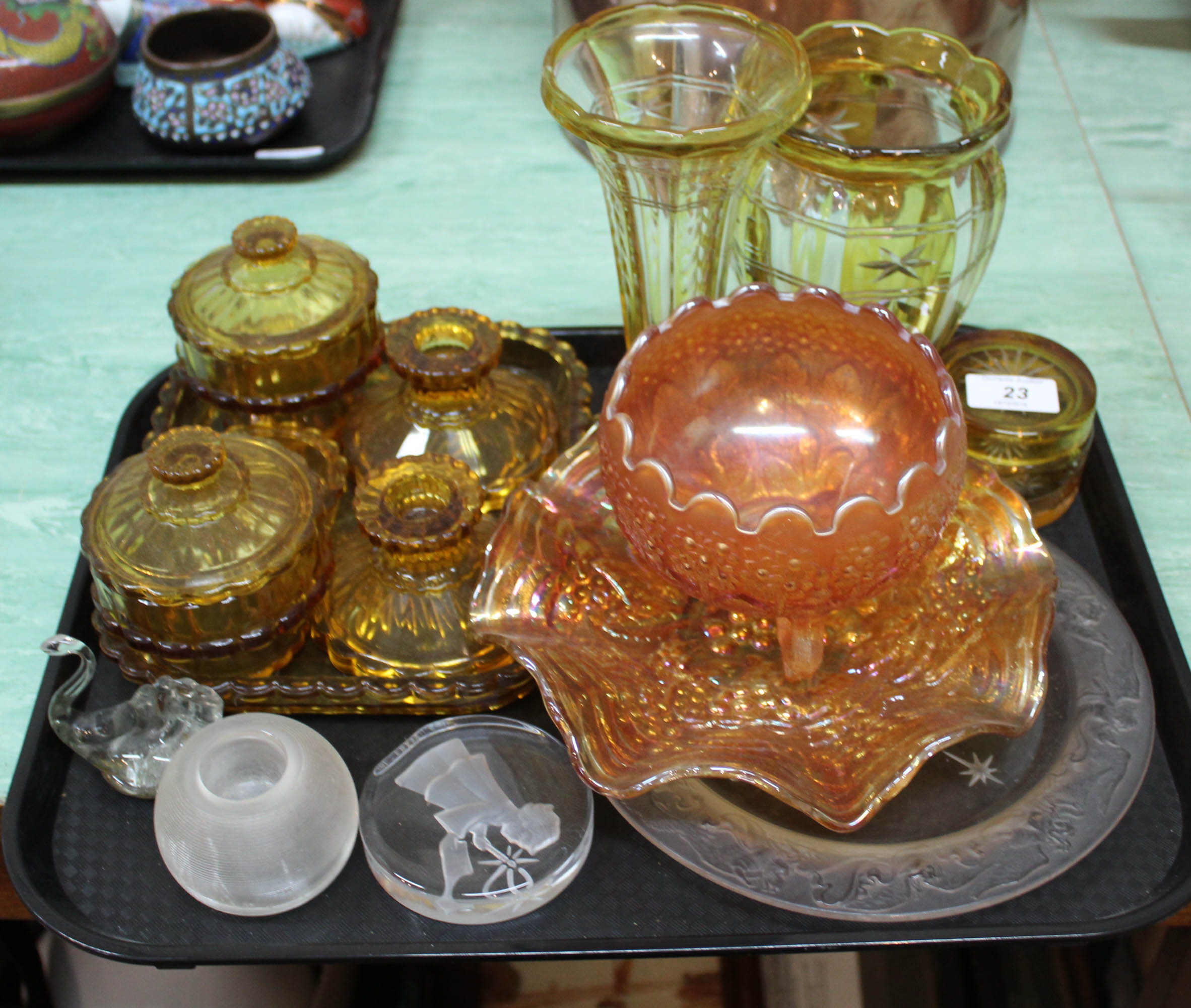 Two yellow flashed cut glass vases plus other glass