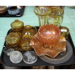 Two yellow flashed cut glass vases plus other glass