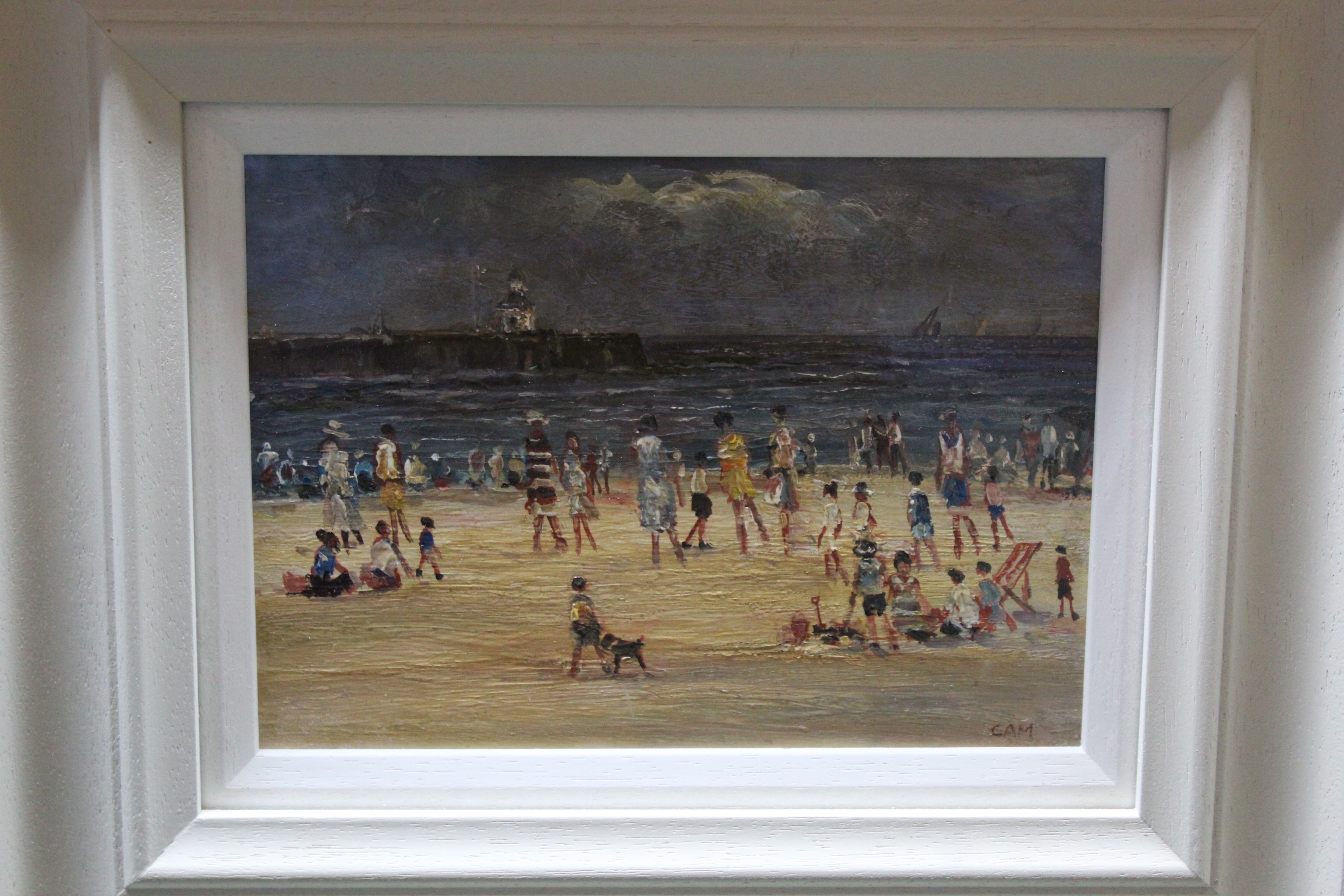 Campbell Mellon oil on board of Gorleston beach with pier in background and bathers,