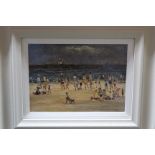 Campbell Mellon oil on board of Gorleston beach with pier in background and bathers,