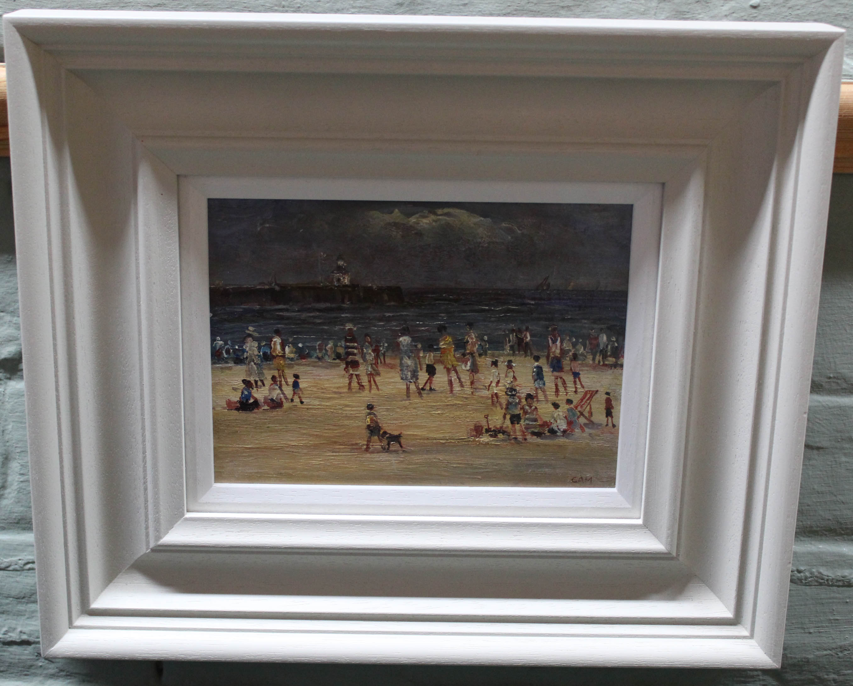 Campbell Mellon oil on board of Gorleston beach with pier in background and bathers, - Image 2 of 2