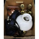 A Victorian copper kettle, brass candlesticks, oil lamp, 1924 Wembley Exhibition tea caddy,