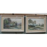 R Haynes pair of watercolours of country cottage scenes with figures, hens and ducks,