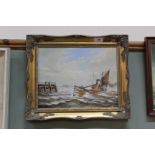 Keith Hastings oil on board of vessel YH370 Darcy Cooper off Gorleston Pier,