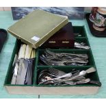 A cased manicure set plus items of silver plate and cutlery etc (two trays)
