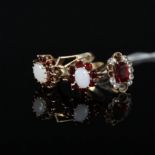 Two 9ct gold garnet and opal cluster rings and a yellow metal paste set ring (some stones missing)