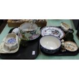 A Japanese porcelain salad bowl with silver plated rim and servers plus other china and glass (two