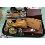A two bottle inkstand, various inkwells,