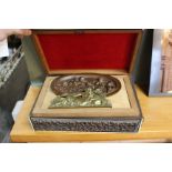 An Anglo Indian carved and inlaid fitted workbox, electrotype plaque of children,