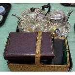 A quantity of silver plated items including three piece tea set, gallery tray,