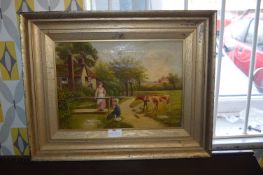 Framed Oil Painting on Canvas - Country Farm Scene with Cattle & Maids