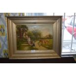 Framed Oil Painting on Canvas - Country Farm Scene with Cattle & Maids