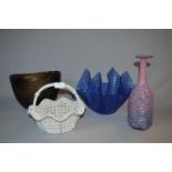Large Coloured Glass Handkerchief Vase, Decanter, Vase and a Pottery Basket