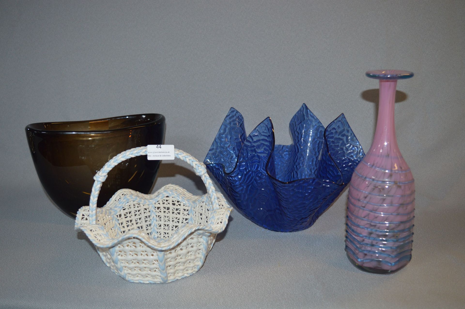 Large Coloured Glass Handkerchief Vase, Decanter, Vase and a Pottery Basket