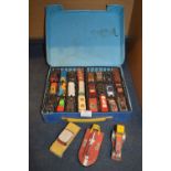 Matchbox Carry Case with Contents of Playworn Diecast Vehicles and Dinky Diecast Vehicles