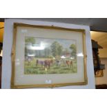 Gilt Framed Watercolour - Country Farm Scene with Cattle