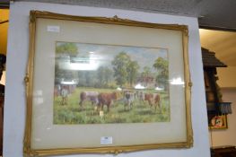 Gilt Framed Watercolour - Country Farm Scene with Cattle