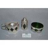 Silver Green Glass Lined Condiment Set - W.H.S Birmingham 1907, approx 79g gross