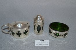 Silver Green Glass Lined Condiment Set - W.H.S Birmingham 1907, approx 79g gross