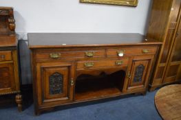 Large Victorian Oak Sideboard with Carved Panel Door and Brass Handles
