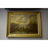 Framed Oil Painting on Canvas - Country Scene with Shepherd and Sheep signed Range