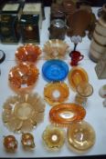 Selection of Coloured Glassware, Carnival Glass Dishes and Jugs