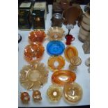 Selection of Coloured Glassware, Carnival Glass Dishes and Jugs