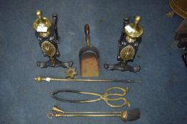 Brass & Cast Iron Fire Dogs with Fireside Tools