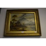 Gilt Framed Oil Painting on Canvas - Ruined Castle Scene by W.Gray