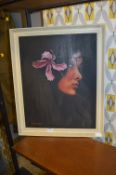 1960's Painting on Board - Portrait of Lady with Pink Flower by G.B. Wright