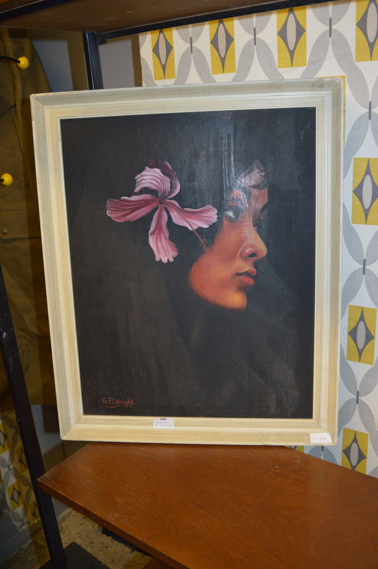 1960's Painting on Board - Portrait of Lady with Pink Flower by G.B. Wright