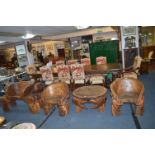 Carved Teak Tree Trunk Set of Garden Furniture in the Form of Crabs; Three Chairs and a Table