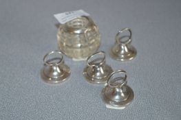 Set of Four Silver Menu Holders - L & S Birmingham 1913, and a Glass Silver Rimmed Salt